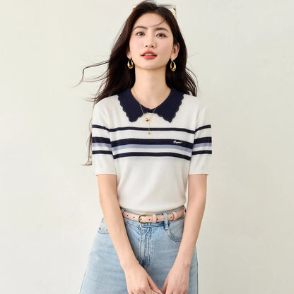 Women's Color-Blocking Stripe Knit Top - Casual Short Sleeve Workwear Shirt