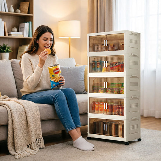 Multi-Tier Folding Storage Cabinet with Wheels | Stackable Wardrobe Organizer