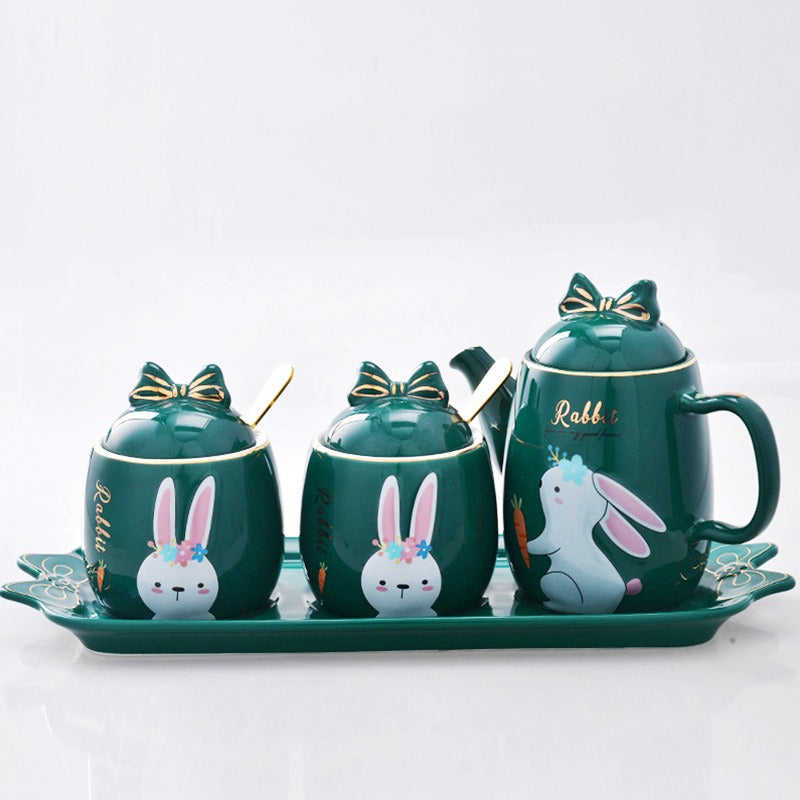 Cute Cartoon Rabbit Ceramic Spice Jar Set - 3 Pieces with Tray