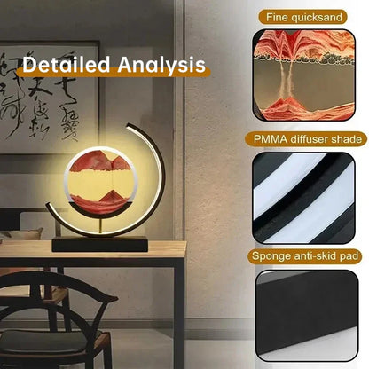 Modern desk lamp with round fine quicksand art, PMMA diffuser shade, and anti-skid pad in a stylish living room setting.