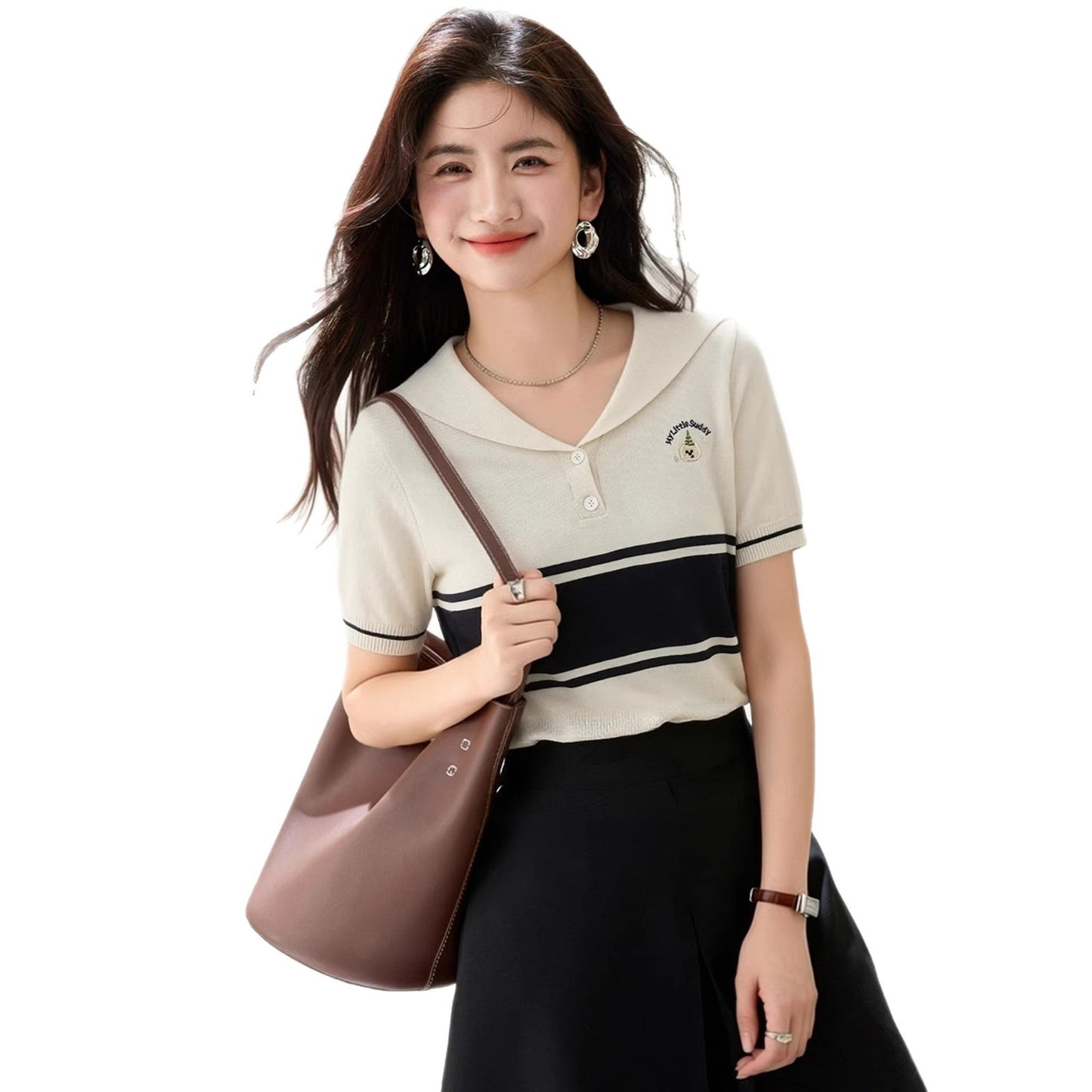 Women's Navy Collar Striped Knit Shirt - Retro Casual Short Sleeve Top