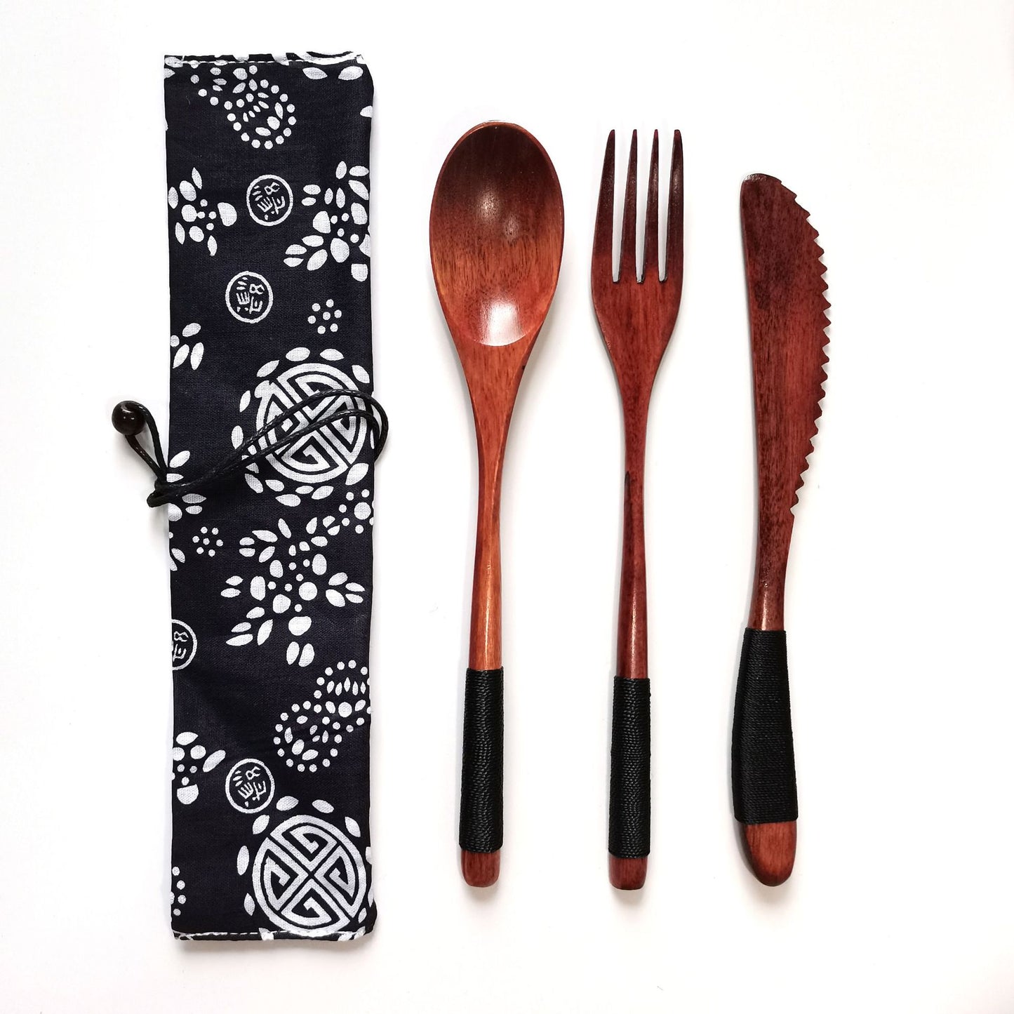 Japanese Style 3-Piece Portable Wooden Cutlery Set with Pouch