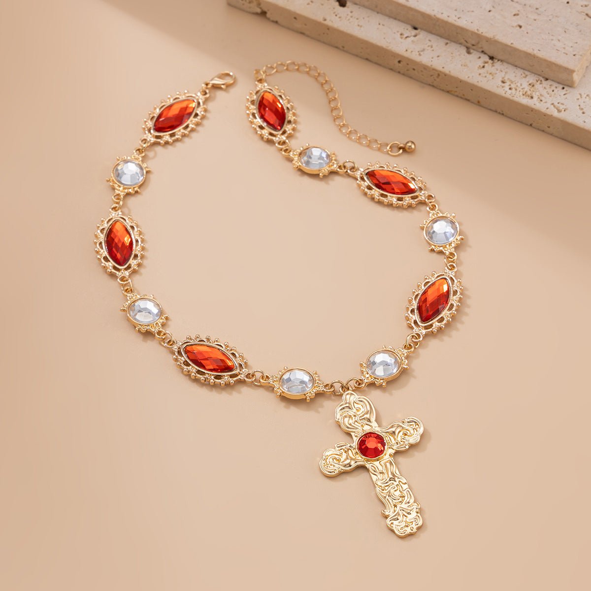 Palace Style Cross Pendant Necklace & Earring Set with Red Gemstones