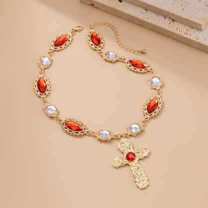 Palace Style Cross Pendant Necklace & Earring Set with Red Gemstones