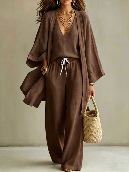 Elegant Linen Look 3-Piece Matching Set - Flowing Open Front Shrug with Wide Leg Pants