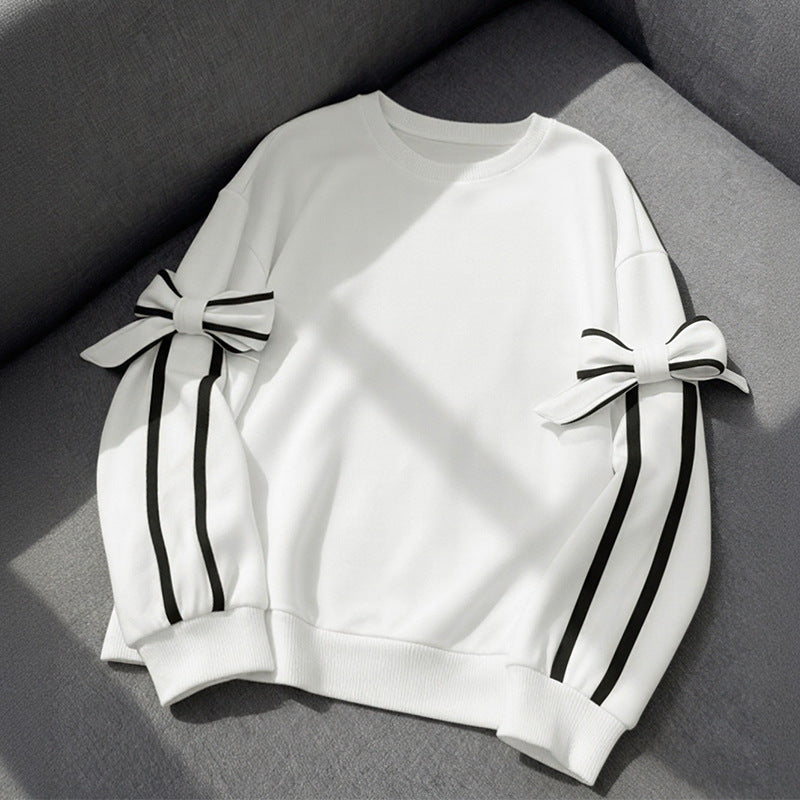 Bow Tie Sleeve Contrasting White Sweatshirt | Round Neck Long Sleeve Pullover for Women