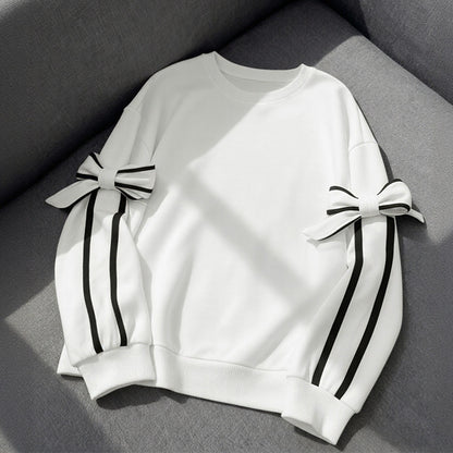 Bow Tie Sleeve Contrasting White Sweatshirt | Round Neck Long Sleeve Pullover for Women