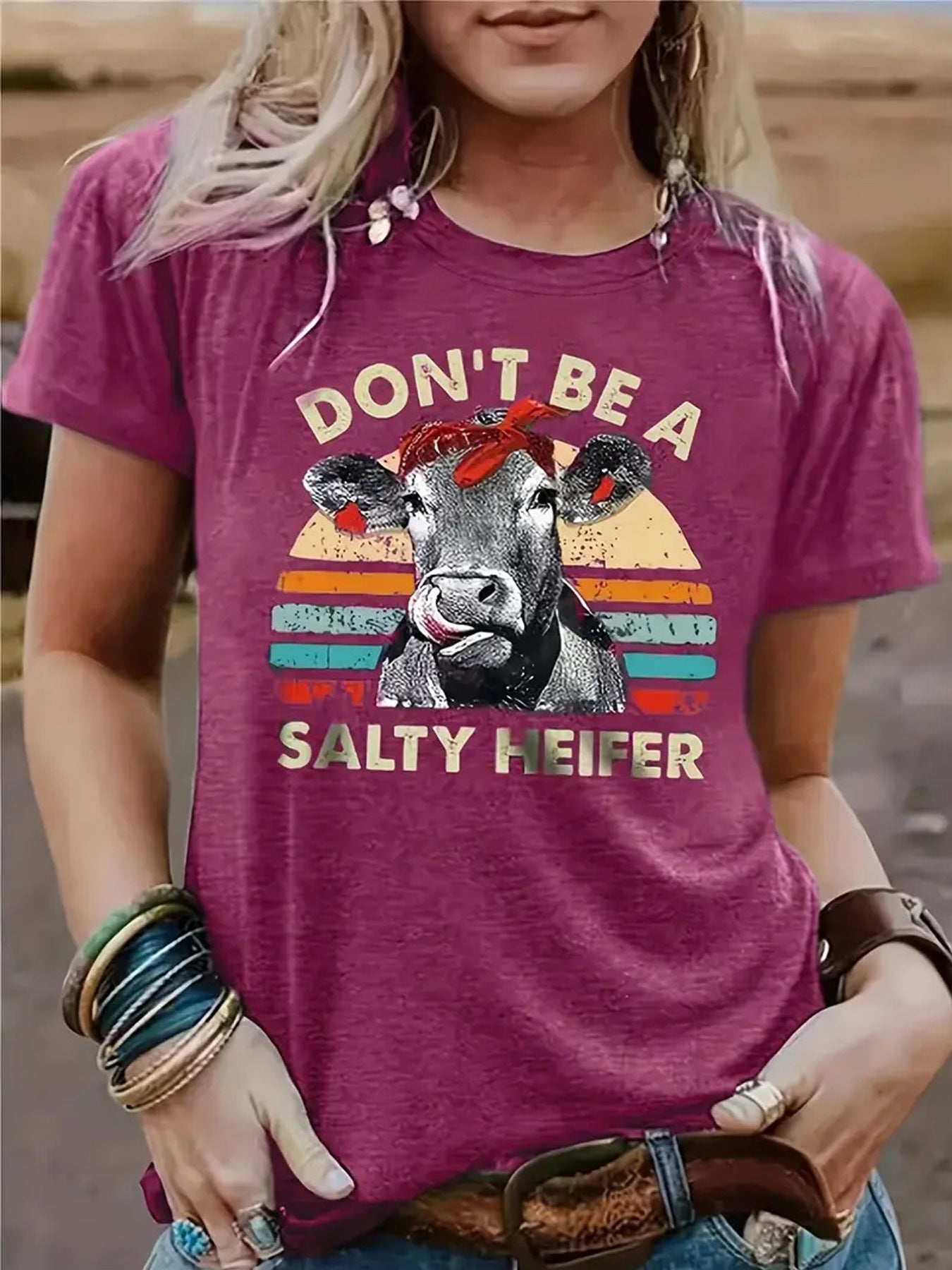 Funny Cow Pattern Printed Round Neck Short Sleeved Shirt | 'Don't Be A Salty Heifer' Graphic Tee