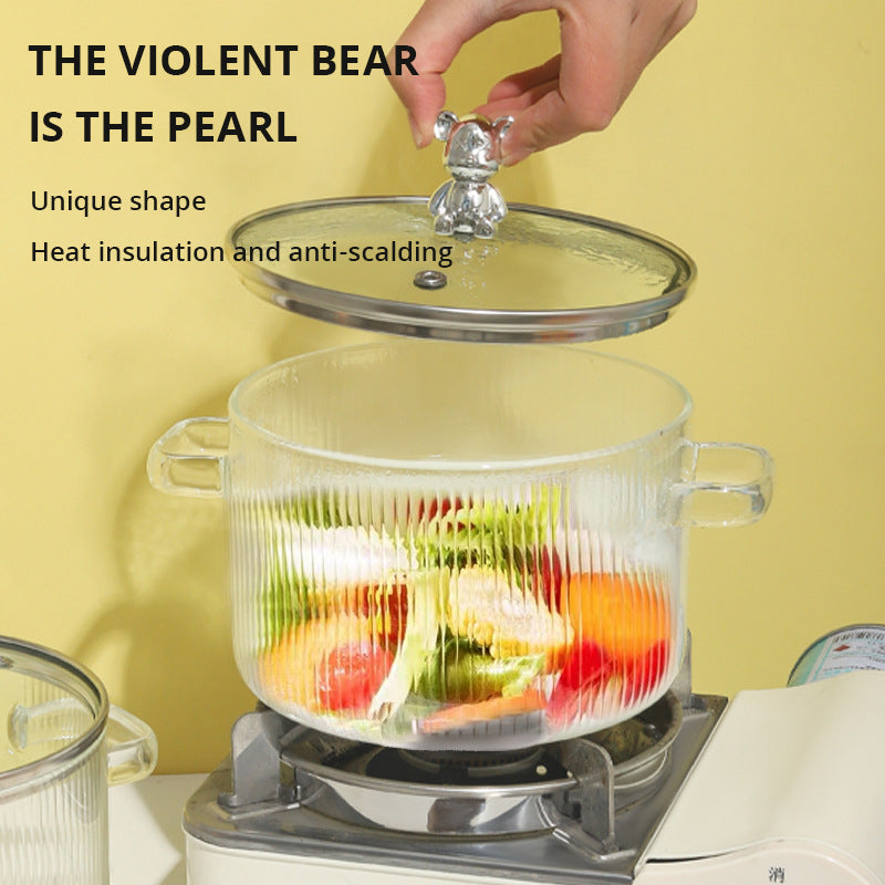 Heat-Resistant Borosilicate Glass Soup Pot with Bear Handle Lid - Flame-Safe Instant Noodle Bowl & Salad Pot with Handles
