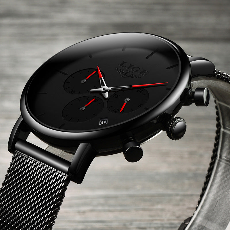 LIGE Men's Ultra-Thin Black Mesh Strap Multi-Function Quartz Watch