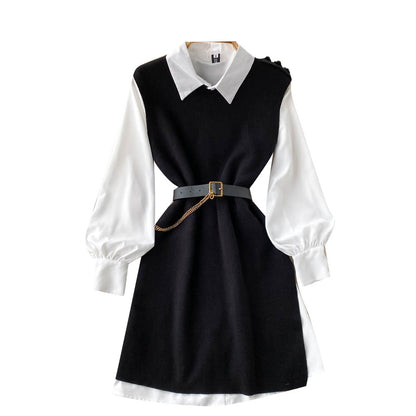 French Style 2-Piece Knit Vest & Shirt Dress Set - Elegant Contrast Waist-Cinching Autumn Suit