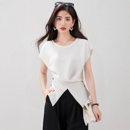 Women's Irregular Hem Knit Top - Elegant Side Button Short Sleeve Sweater