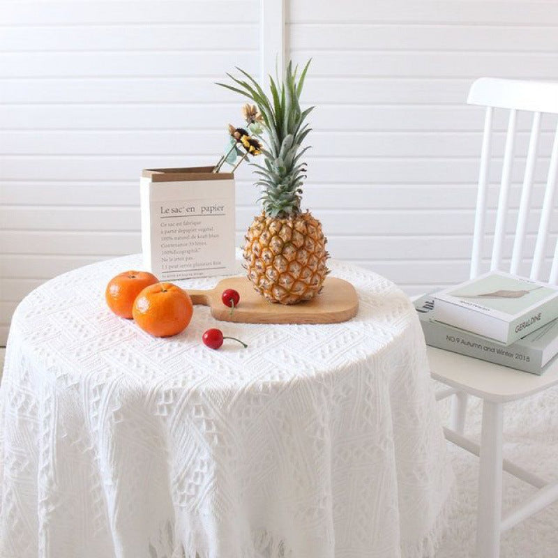 Elegant French Retro Lace Tablecloth – Vintage White Knitted Coffee Table Cover for Home & Photo Props