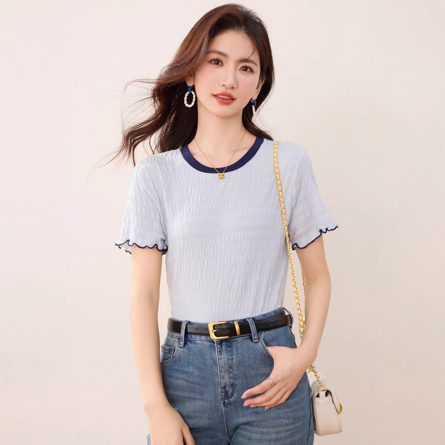 Women's Ruffled Color-Blocked Short Sleeve T-Shirt - Slim Fit Trendy Top