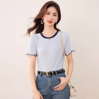 Women's Ruffled Color-Blocked Short Sleeve T-Shirt - Slim Fit Trendy Top