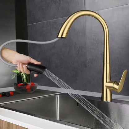 Polished Gold 304 Stainless Steel Kitchen Faucet with Pull-Down Sprayer