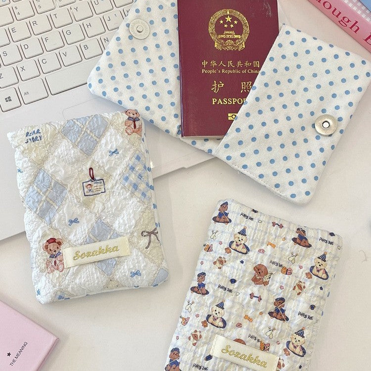 Cute Embossed Cartoon Passport Protection Cover - Quilted Fabric Travel Document Bag & Card Holder