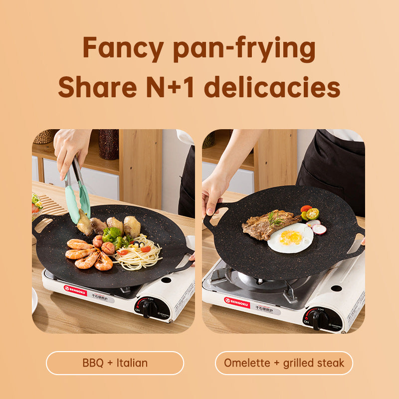Korean Style Non-Stick Round Barbecue Pan - Portable Cast Iron Griddle for Outdoor Camping & Indoor Stovetop BBQ