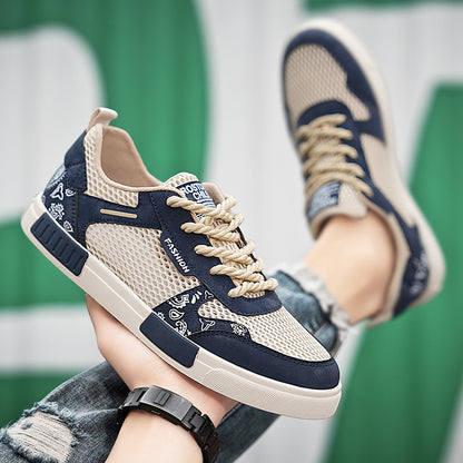 Trendy Navy & Beige Mesh Board Shoes - Versatile Casual Sneakers for Men