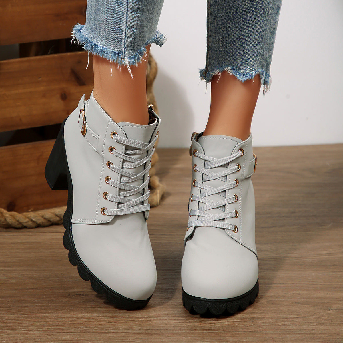 Women's Chunky High Heel Lace-Up Ankle Boots