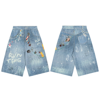 Graffiti Splatter Chain Detail Denim Shorts - Unisex Y2K Washed Wide Leg Streetwear Pants