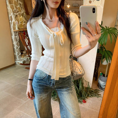 Elegant Lace Spliced Mock Two-Piece Knitted Top – Chic Knotted Fall Sweater for Women