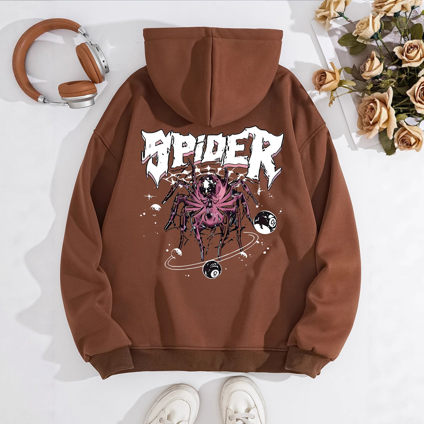 Grunge Spider Graphic Print Hoodie | Oversized Lavender Pullover for Streetwear