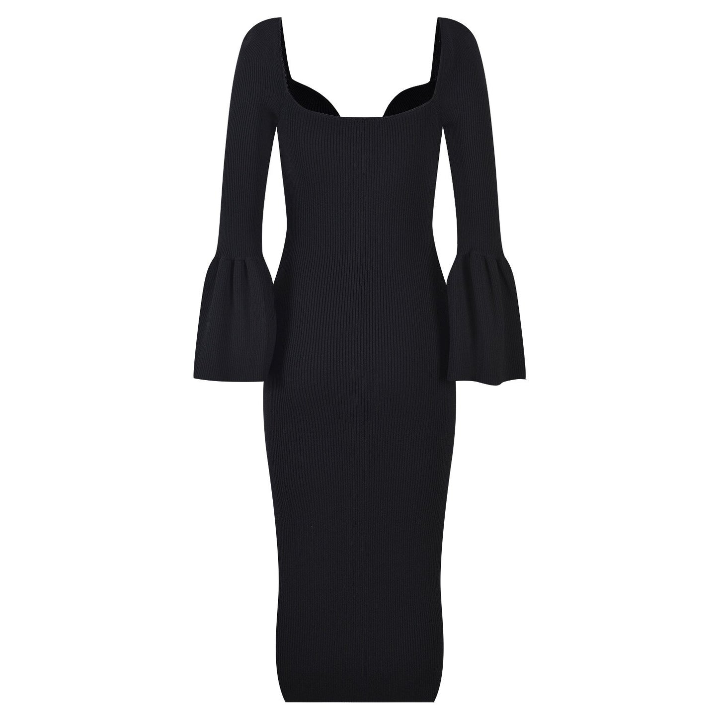 Elegant Knitted Heart-Collar Long Sleeve Dress - European Style Slim Fit Midi Skirt with Decorative Buttons