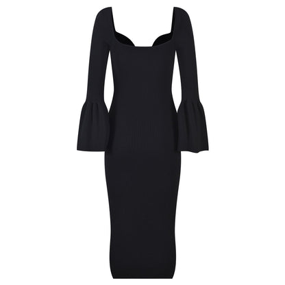 Elegant Knitted Heart-Collar Long Sleeve Dress - European Style Slim Fit Midi Skirt with Decorative Buttons