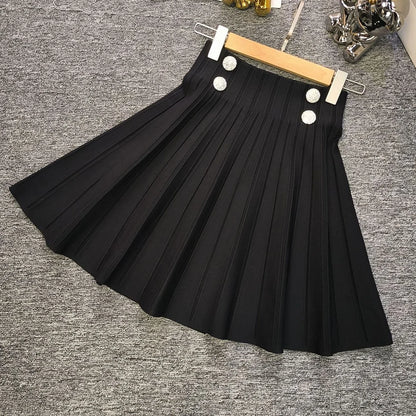 Chic High-Waist Pleated Mini Skirt - Elegant A-Line Knit Tennis Skirt with Button Detail