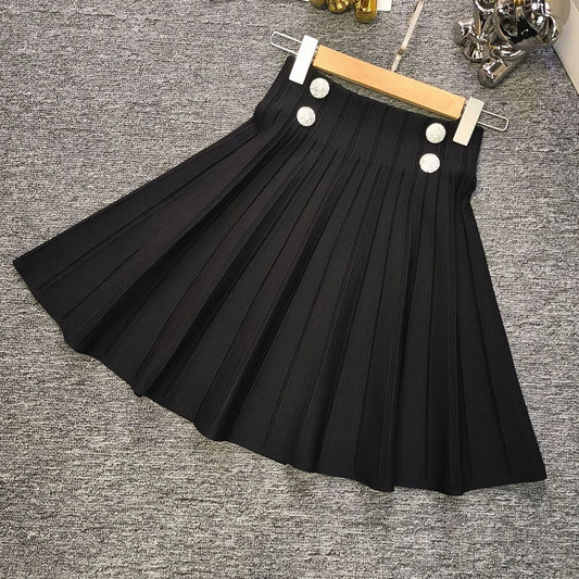 Chic High-Waist Pleated Mini Skirt - Elegant A-Line Knit Tennis Skirt with Button Detail