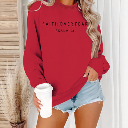 Inspirational 'Faith Over Fear' Letter Print Sweatshirt | Loose Fit Casual Pullover Top