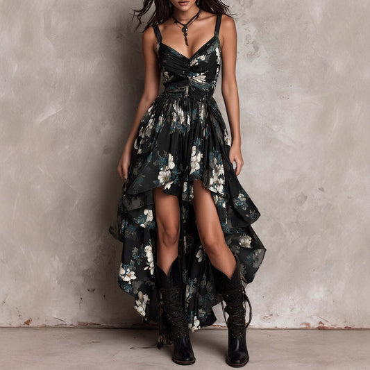 Women's Floral Print Camisole Maxi Dress - V-Neck High-Low Vacation Gown