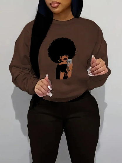 Afro Woman Portrait Print Sweatshirt | Stylish Orange Crewneck Pullover for Women