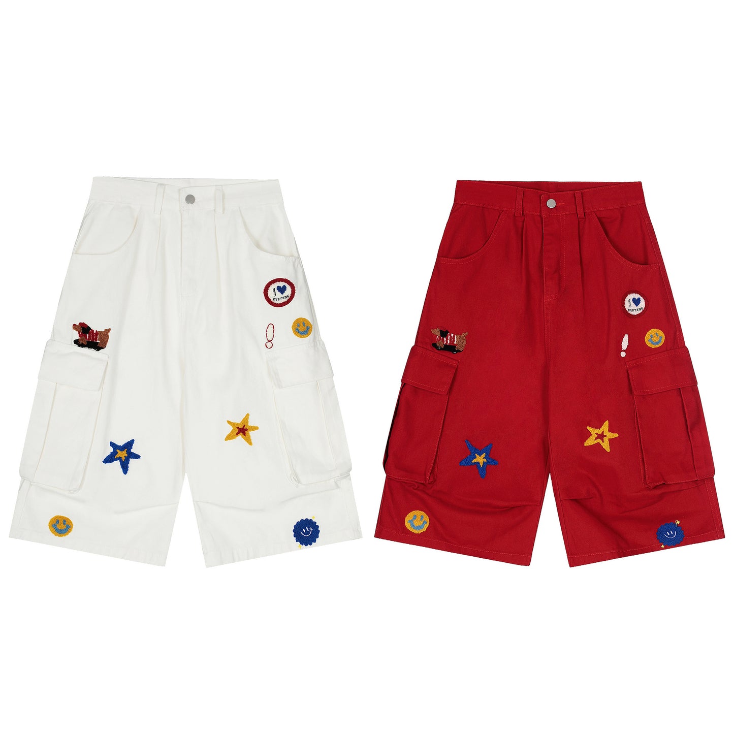White Patchwork Cargo Denim Shorts - Trendy Multi-Pocket Wide Leg Streetwear Pants