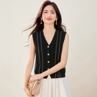 Women's Striped V-Neck Knit Waistcoat - Chic Sleeveless Outerwear Top