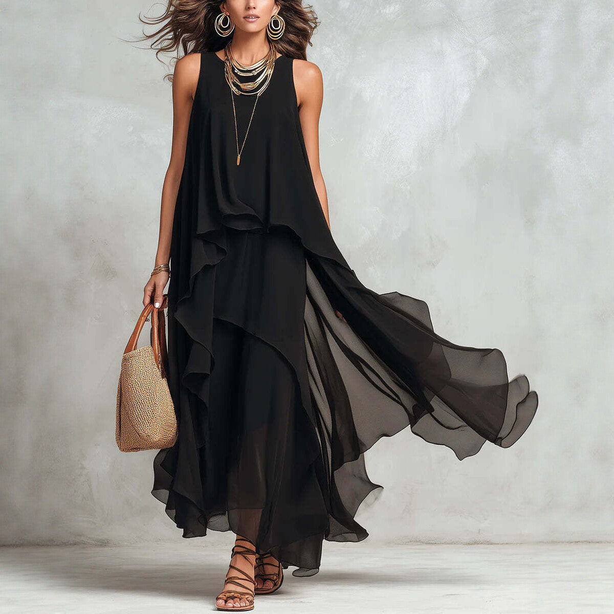 Elegant Layered Loose Black Chiffon Dress - Casual Summer Holiday Long Dress