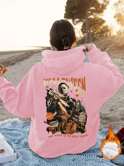 Grunge Skull Graphic Print Fleece Hoodie | Oversized Rust Brown Pullover for Streetwear