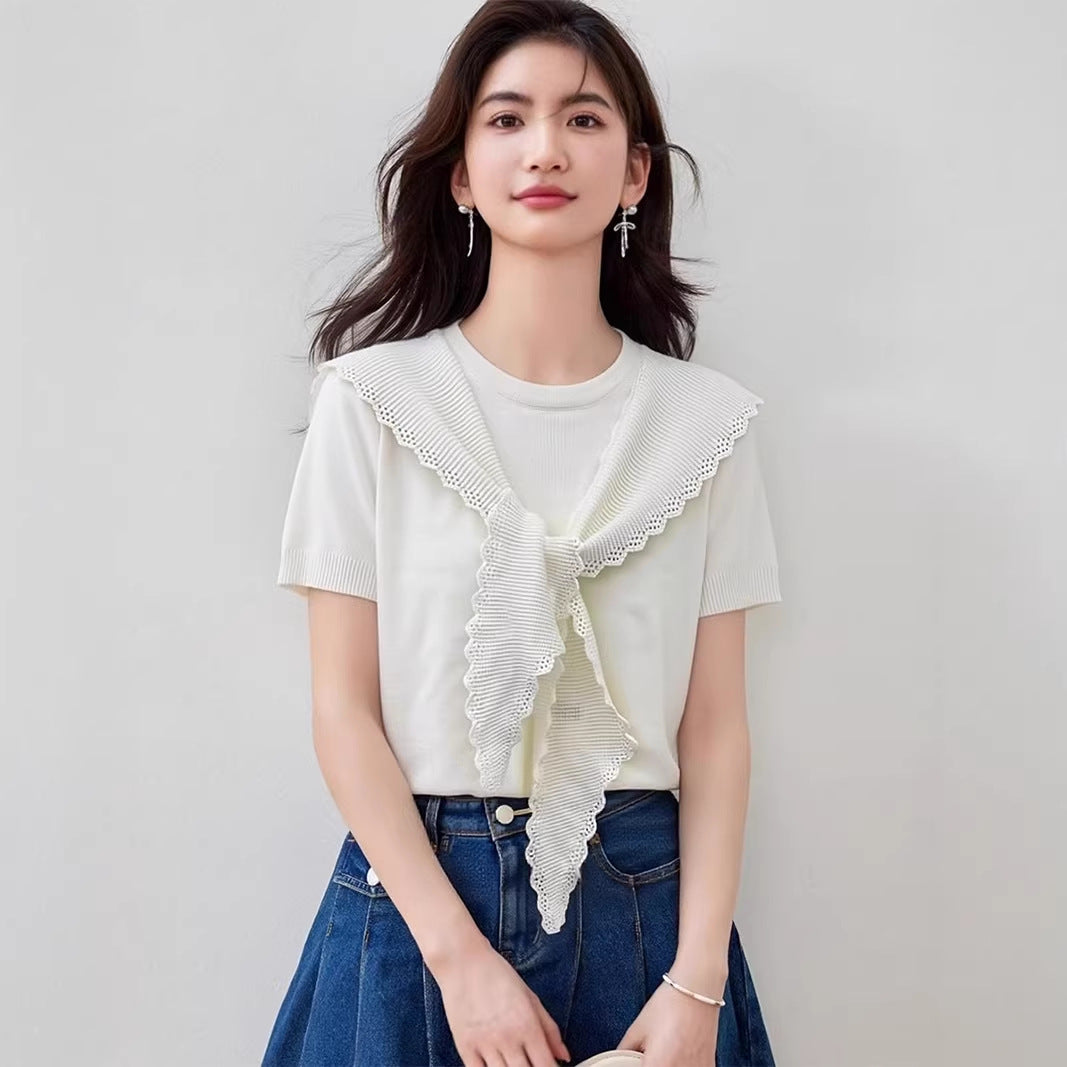 Elegant Ice Silk Short Sleeve Knitted Top - Everyday Casual Wear for Women
