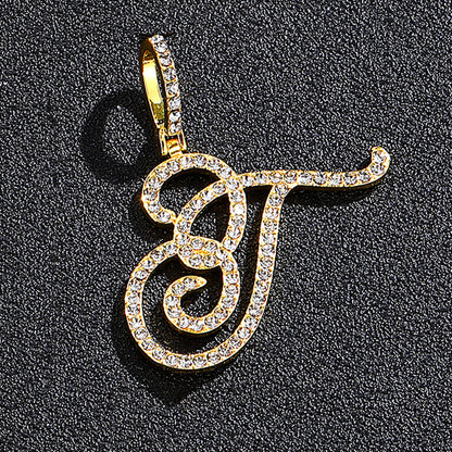 Iced Out Initial Letter Pendant Cuban Chain Necklace