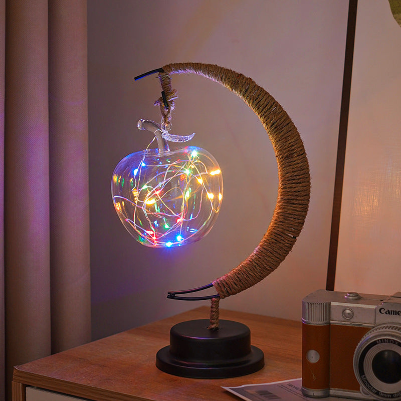 LED Star in Moon Night Light with Hemp Rope and Iron Art Base