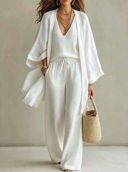 Elegant Linen Look 3-Piece Matching Set - Flowing Open Front Shrug with Wide Leg Pants