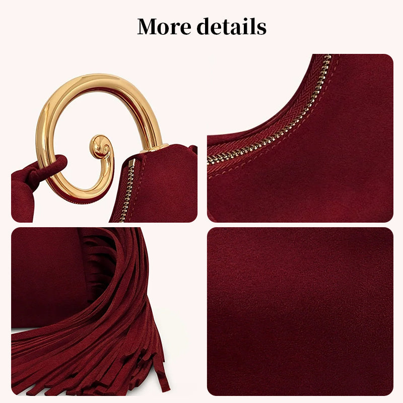 Fashionable Women's Winter Bag - Elegant Suede Purse with Leather Tassels & Unique Handle