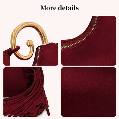 Fashionable Women's Winter Bag - Elegant Suede Purse with Leather Tassels & Unique Handle