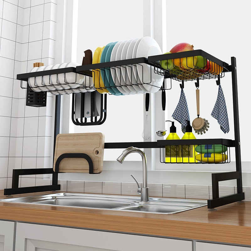 Over the Sink Dish Drying Rack - 2-Tier Stainless Steel Kitchen Organizer & Storage Space Saver (Black, 65/85cm)