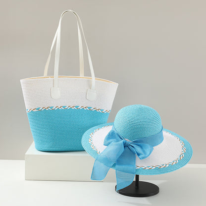 Women's Summer Straw Tote Bag & Wide-Brim Sun Hat Set