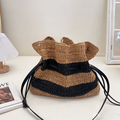 French Style Drawstring Straw Bag with Black Stripes