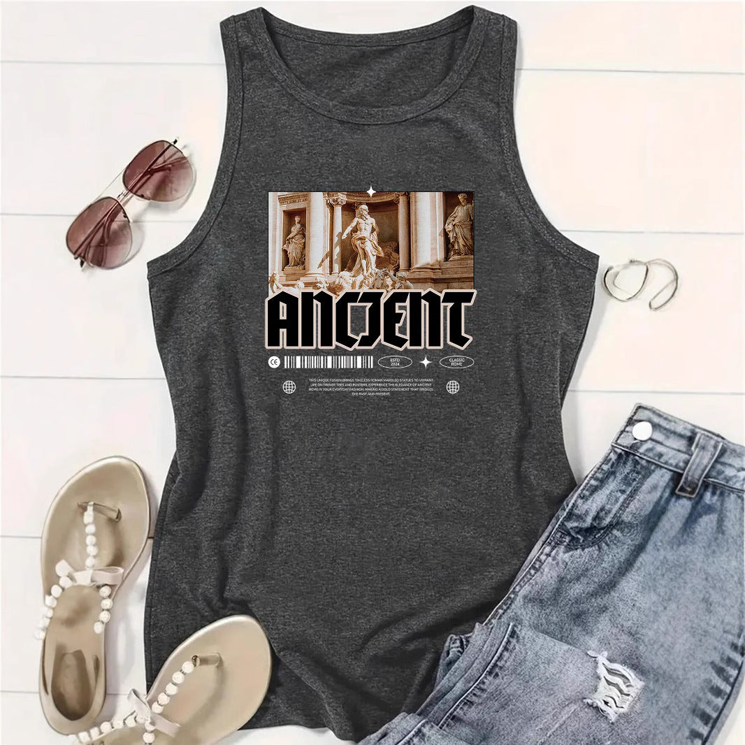 ANOENT Pattern Loose Women's Tank Top | Ancient Ruins Graphic Sleeveless Shirt