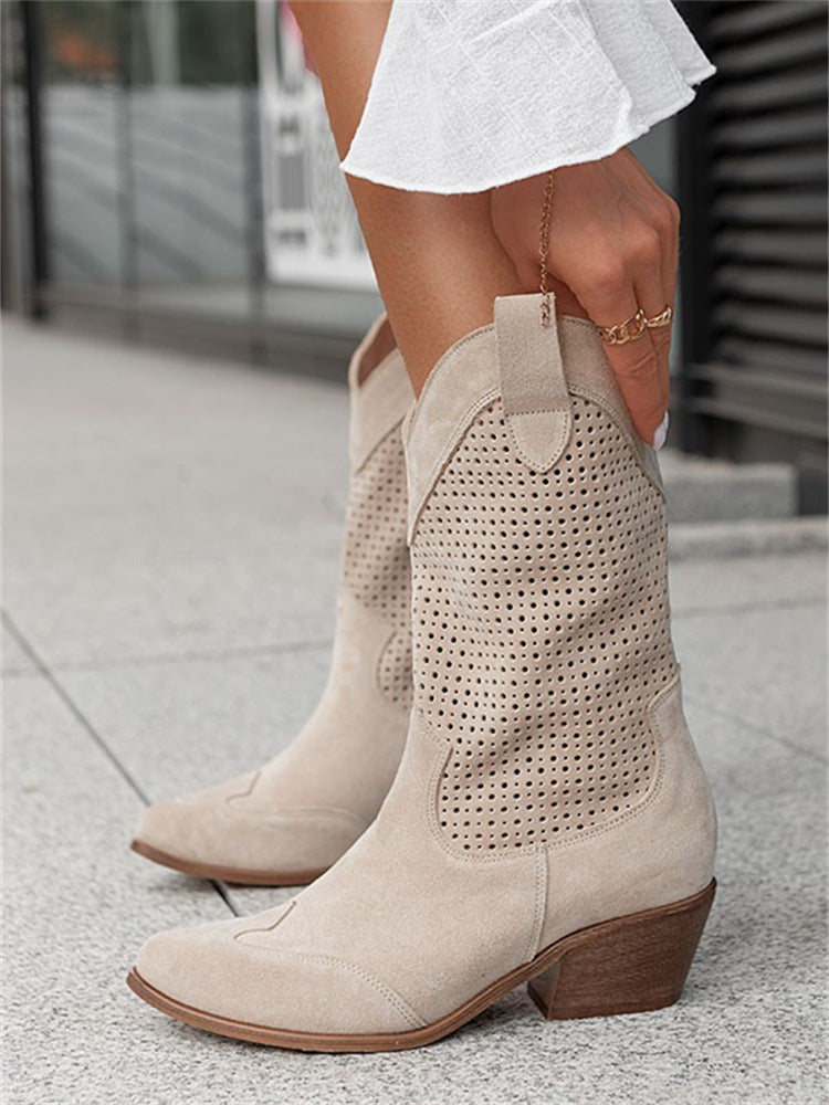 Women's Mid Heeled Suede Low Cut Ankle Boots (Perforated Design)