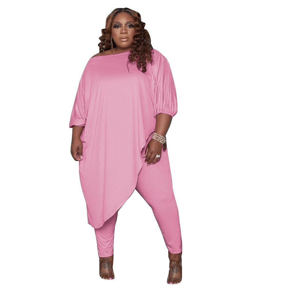 Trendy 2-Piece Women's Lounge Set - Asymmetric Diagonal Collar T-Shirt & Matching Slim Trousers